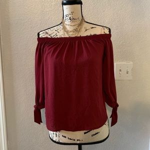Burgundy strapless off the shoulder blouse